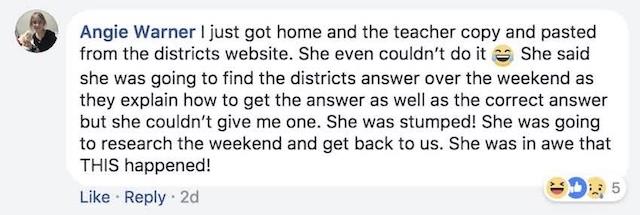 A parent's comment about a teacher struggling to solve the same math problem.