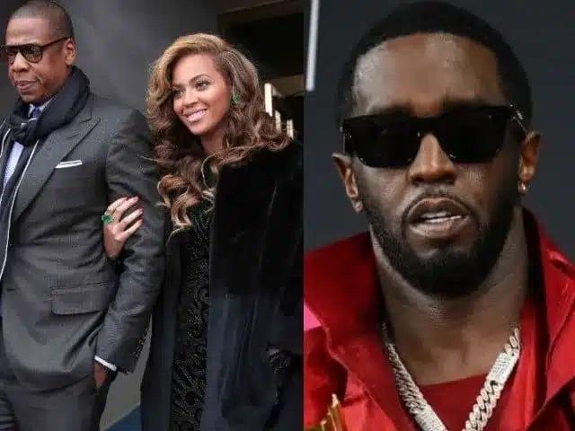 Power couple Beyoncé and Jay-Z posing alongside music mogul Diddy, showcasing their legendary influence in the music industry