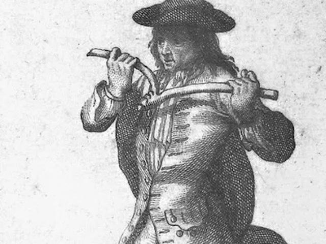 A 17th-century depiction of a dowser holding a rod, embodying the historical allure and mystique associated with dowsing techniques
