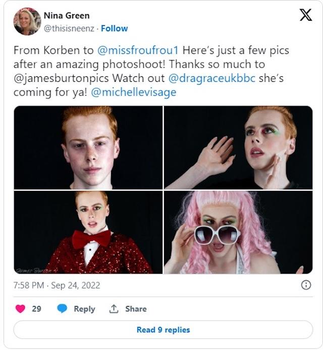 Korben White shines in a post-photoshoot snap, embracing his Miss Frou Frou persona with stunning makeup and style