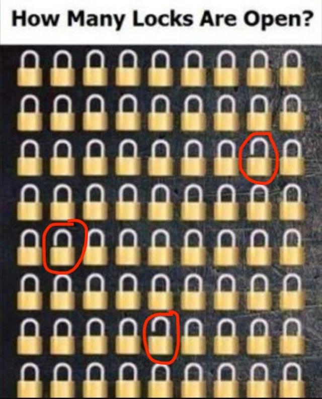 Here are the circled answers! Did you manage to find the 3 open locks in this challenging puzzle?