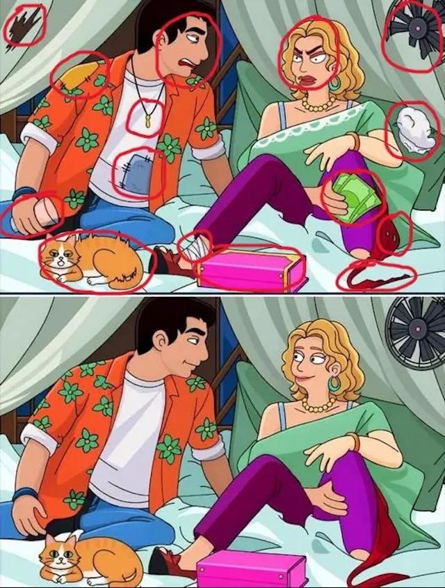 Here's the solution! We’ve circled all 15 differences in this tricky puzzle. How many did you find? Try again if you missed any!