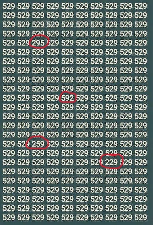 Found the different numbers? Highlighted here are 295, 592, 259, and 229 – did you get them all? Check your answers!
