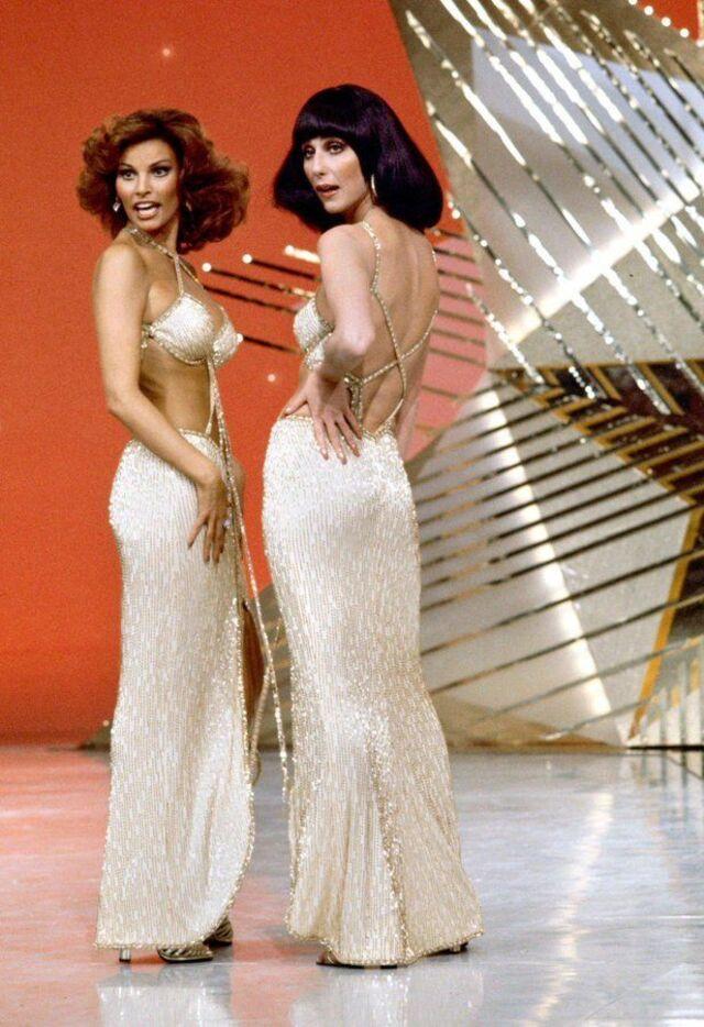 Raquel Welch and Cher, sparkle in Bob Mackie, 1975