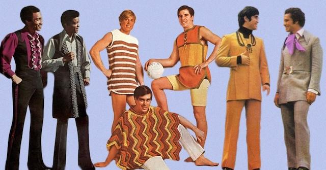 A quirky throwback to the experimental and bold designs of 1970s men’s fashion, highlighting the dramatic shift from classic to funky, with neckties and patterned suits leading the way