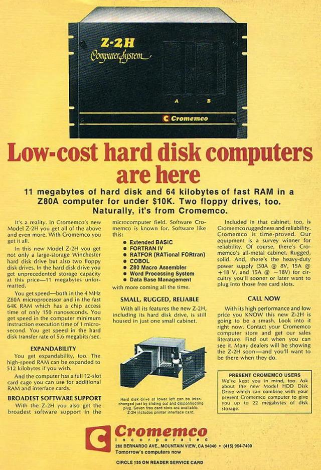 A 1970s Cromemco Z-2H ad touting its 11MB of hard disk space and 64KB RAM—a compact, affordable solution for both home and business computing needs.