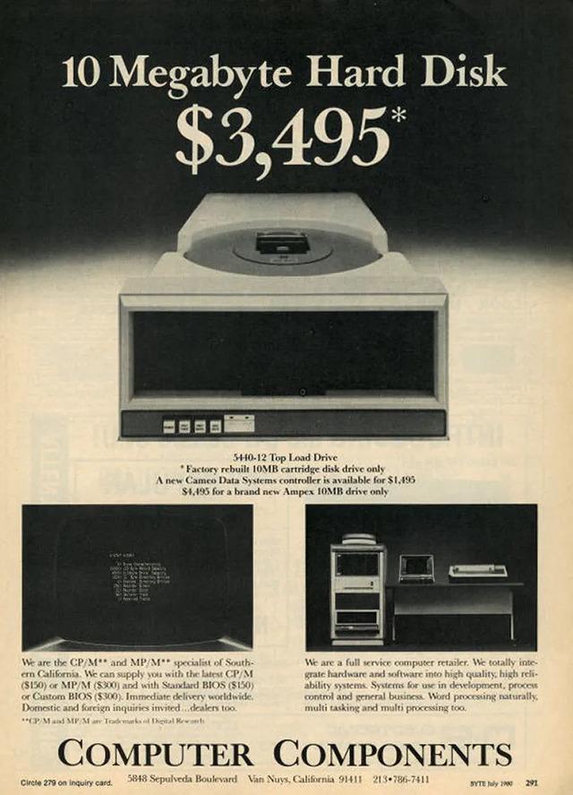 A hefty $3,459 price tag for just 10MB of hard disk space—an eye-popping deal in its time.