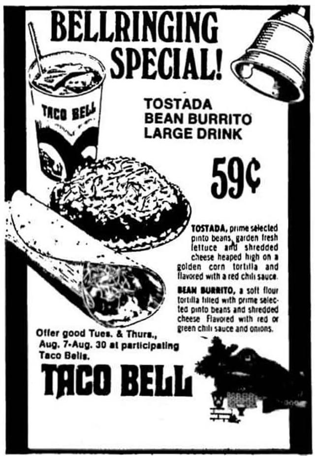 A vintage 1960s Taco Bell ad, offering tostadas, bean burritos, and a large drink for only 59¢. The ad highlights Taco Bell's commitment to affordable and tasty meals.