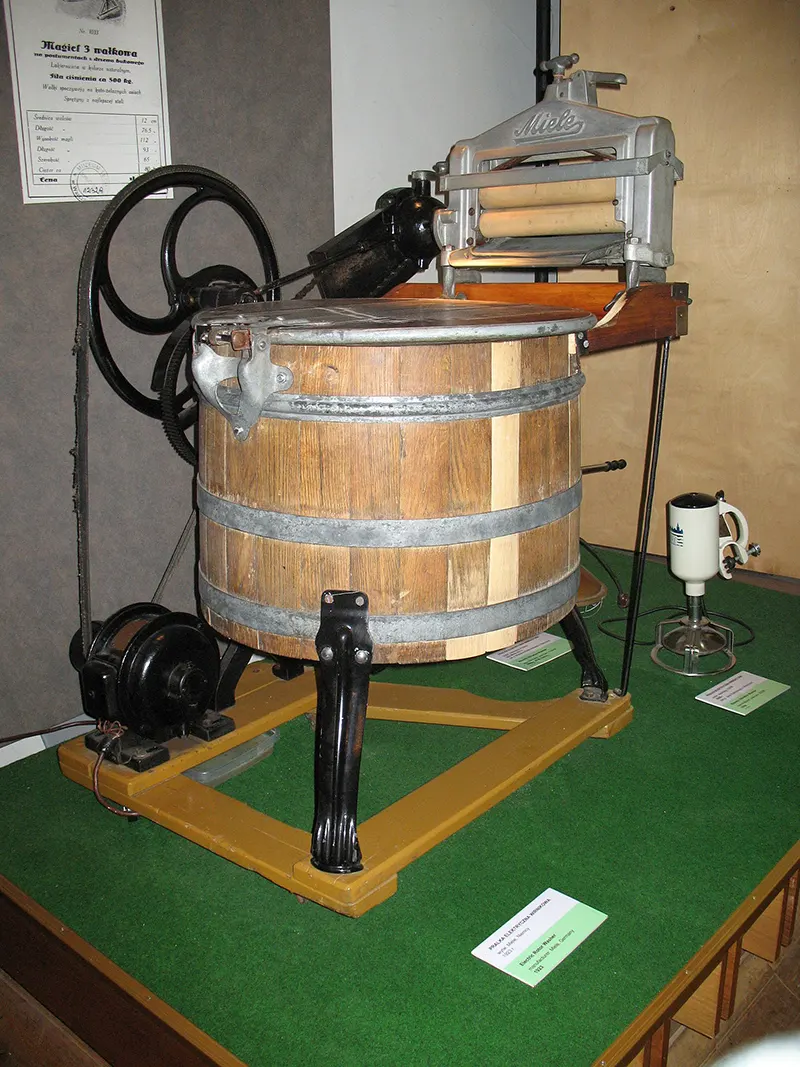 A 1923 electric Miele washing machine – Featuring a built-in mangle for easy drying.