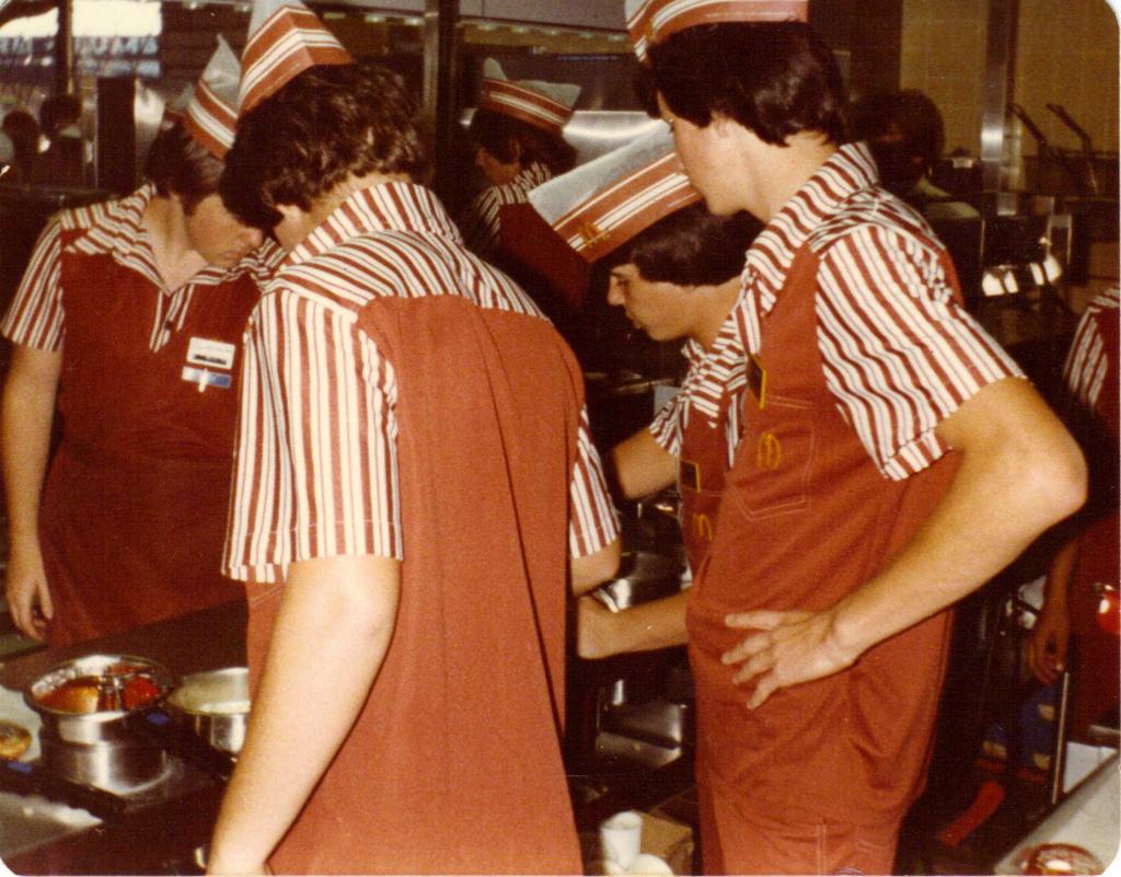 Another shot of the grill crew in Caldwell, Idaho, capturing the heart of McDonald's kitchen operations in 1980.
