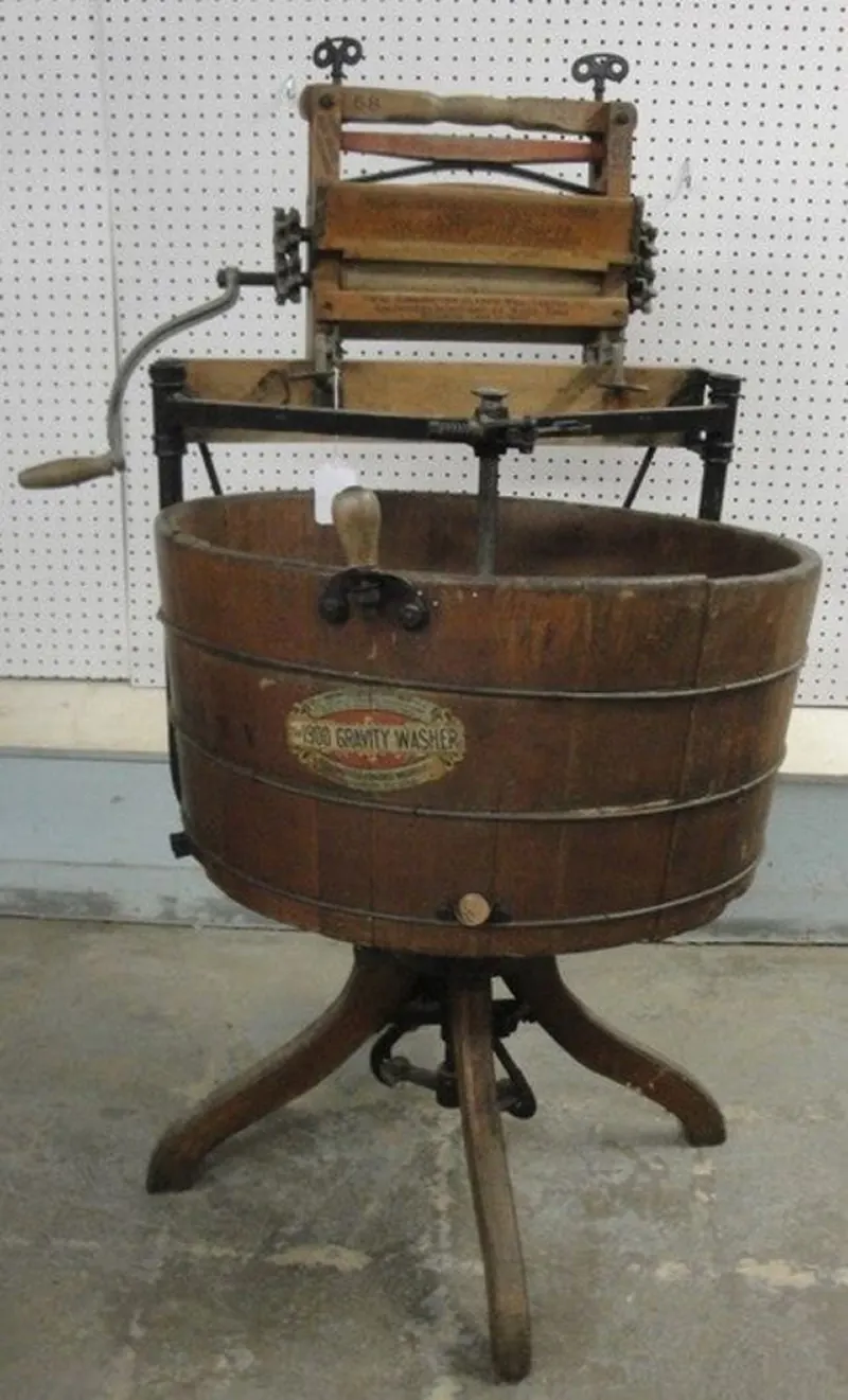 Gravity Washer, circa 1900—revolutionizing laundry with simple mechanics.