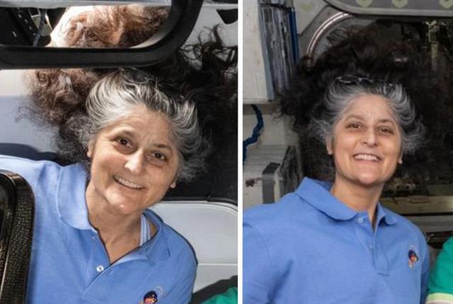 Suni Williams in space with her hair floating in zero gravity.