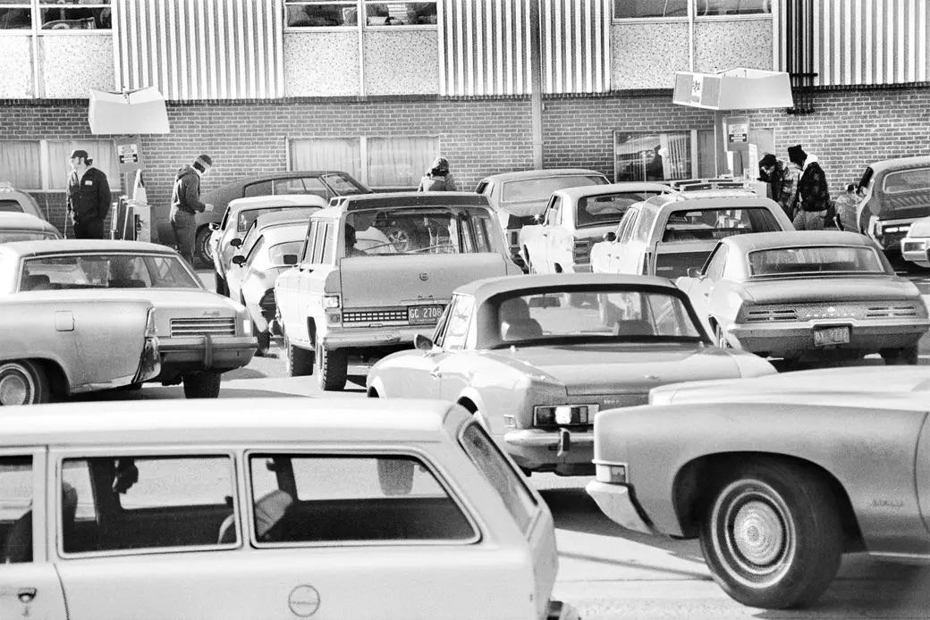 In February 1974, a steady line of cars awaited their turn at a Maryland gas station—a poignant snapshot of an era defined by fuel scarcity