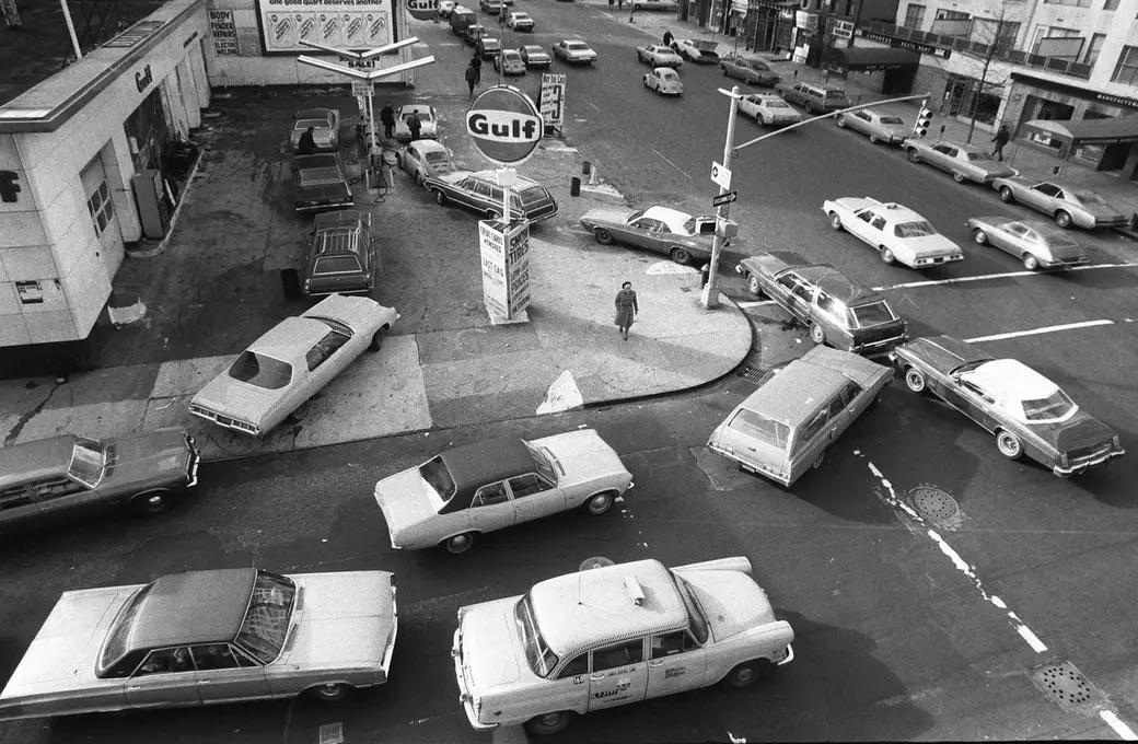 Vehicles queue in both directions at a New York City gas station on December 23, 1973.