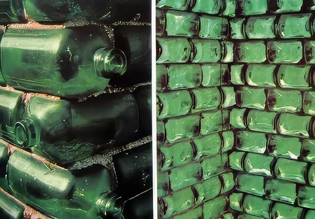 A detailed view of the Heineken World Bottle (WOBO) design, showcasing how the bottles interlock to form walls.