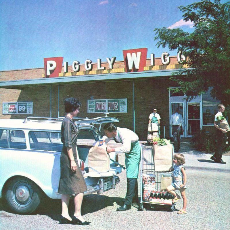 A mother and daughter strolling through Piggly Wiggly, circa 1960s.