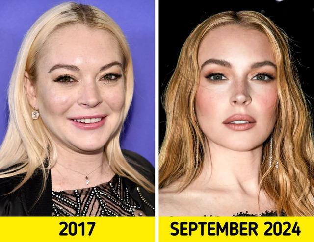 A side-by-side of Lindsay Lohan’s progression, from her more casual 2017 appearance to a glamorous, mature look in 2024.
