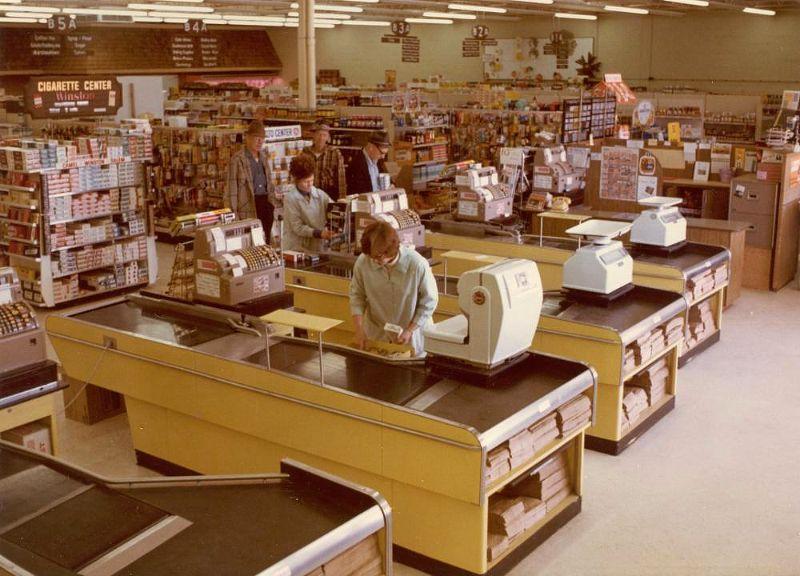 Another view of the checkout lane, 1972