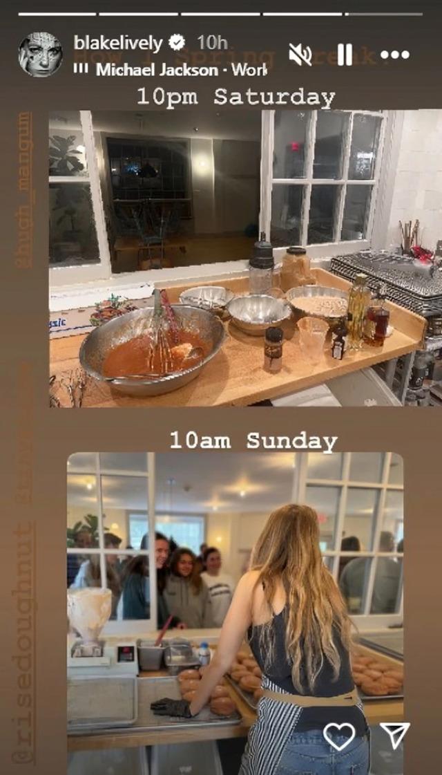 Blake Lively shares a glimpse of her donut-making process, showing the kitchen late at night, followed by a morning shift at Rise Doughnuts.