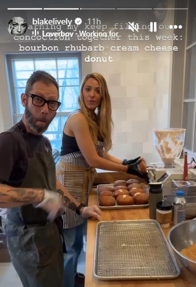 Blake Lively teams up with celebrity chef Hugh Mangum to create a special bourbon rhubarb cream cheese donut, highlighting her hands-on involvement in the baking process.