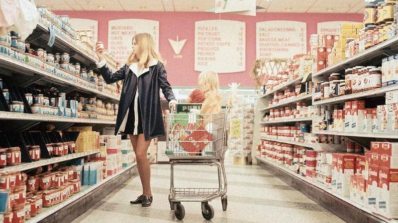 Food shopping in the era of mini-skirts, 1970.