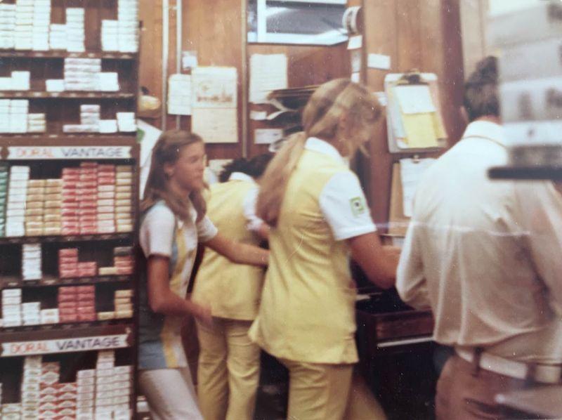 Supermarket cashiers in 1980.
