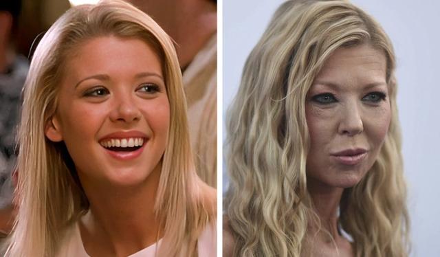 Tara Reid in a candid shot from earlier years next to a more recent photo highlighting her transformation.