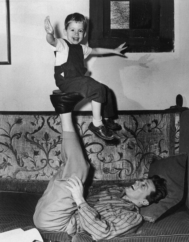 A rare snapshot of Kirk Douglas with his son Michael in 1948.