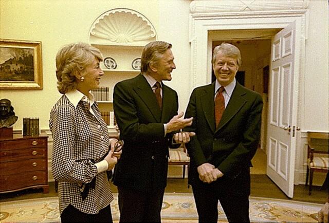 A warm moment as President Jimmy Carter greets Kirk Douglas and Mrs. Douglas in March 1978.
