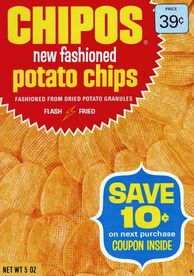 Chipos new-fashioned chips (1973): A modern twist on a classic snack.