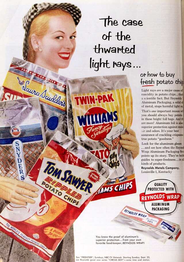 Classic chip packaging in foil bags—reminiscent of the 1956 snack era.