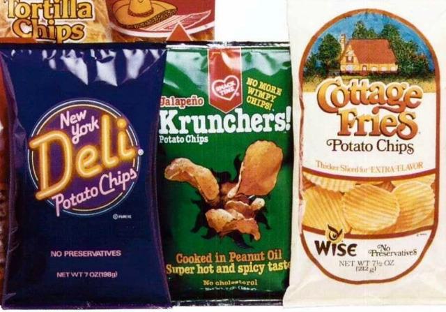 Iconic chip brands from 1987: NY Deli, Krunchers, and Cottage Fries.
