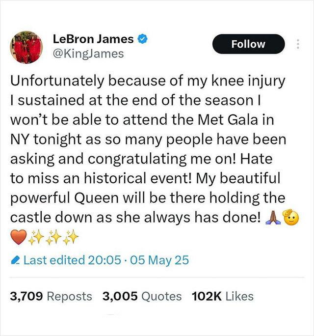 LeBron James' Absence: The Missing King at the Met Gala
