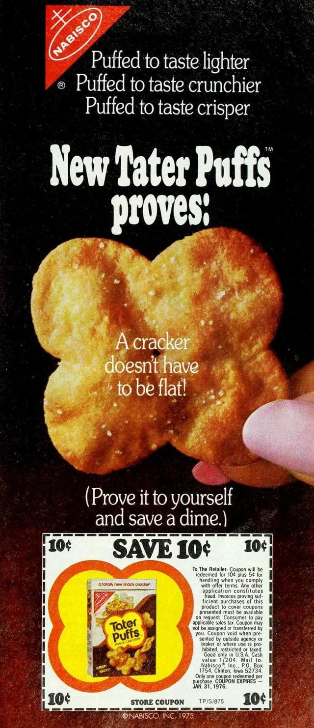 Nabisco Tater Puffs crackers (1975): A crunchy snack that defined the 70s.