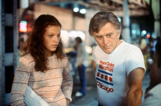 On the set of Furie, Kirk Douglas shares a moment with Amy Irving, based on the novel by John Farris and directed by Brian De Palma.