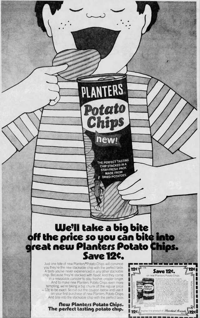 Planter’s stacked chips in a can (1975): A new way to snack and keep them fresh.