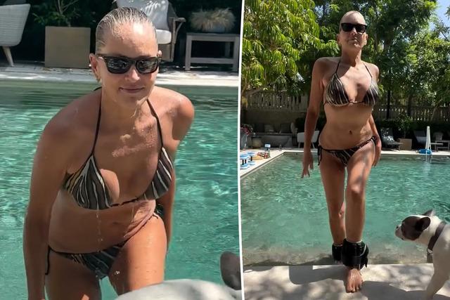 Sharon Stone emerged from the pool in a brown-and-white striped bikini, black sunglasses, and ankle weights, showcasing her intense workout routine.