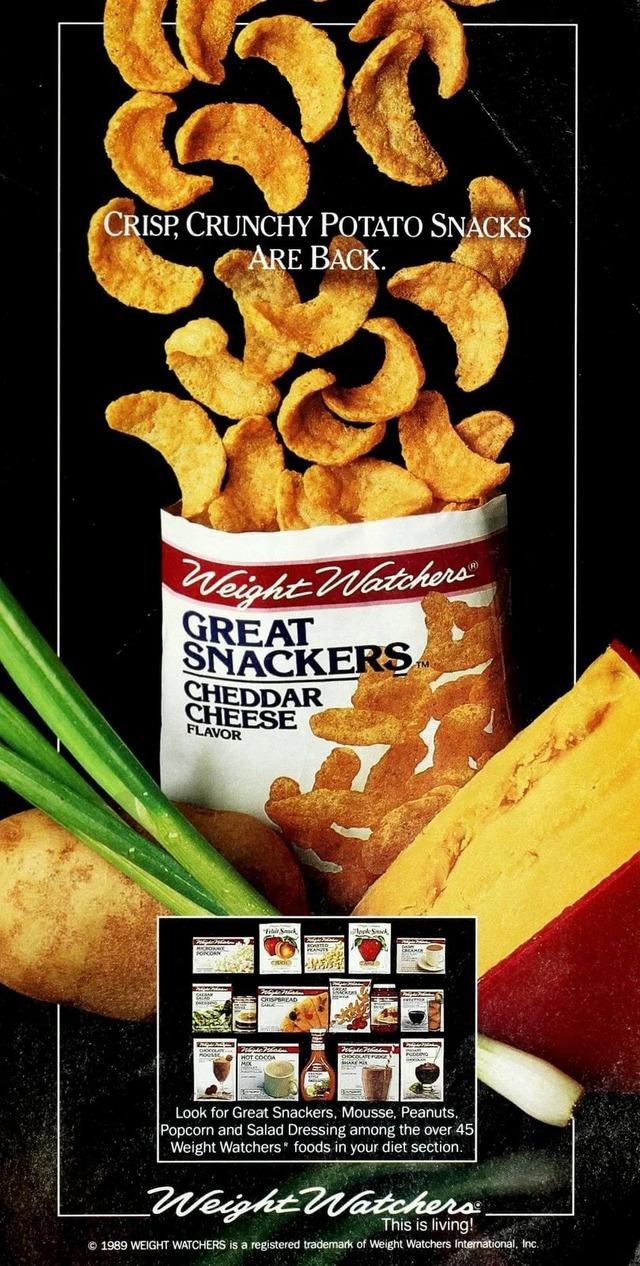 Weight Watchers Great Snackers potato snacks (1989)—the guilt-free crunch you craved.