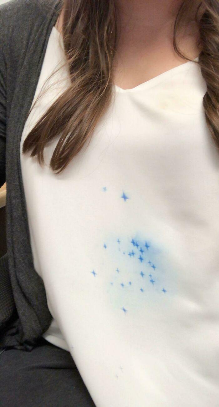 Date Stamp Ink Exploded, Forming Droplets on My Shirt