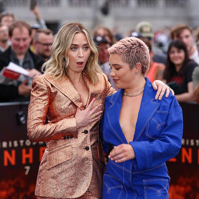 Emily Blunt’s Metallic Suit Button Pops Open on the Red Carpet