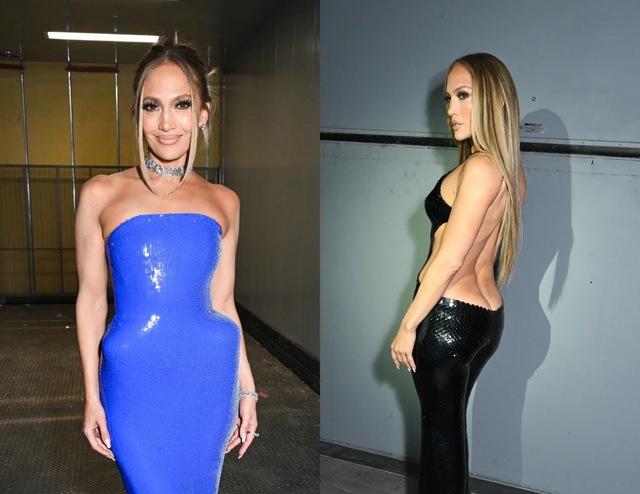 Jennifer Lopez showcases elegance in a fitted blue dress and a daring black sequined outfit backstage.
