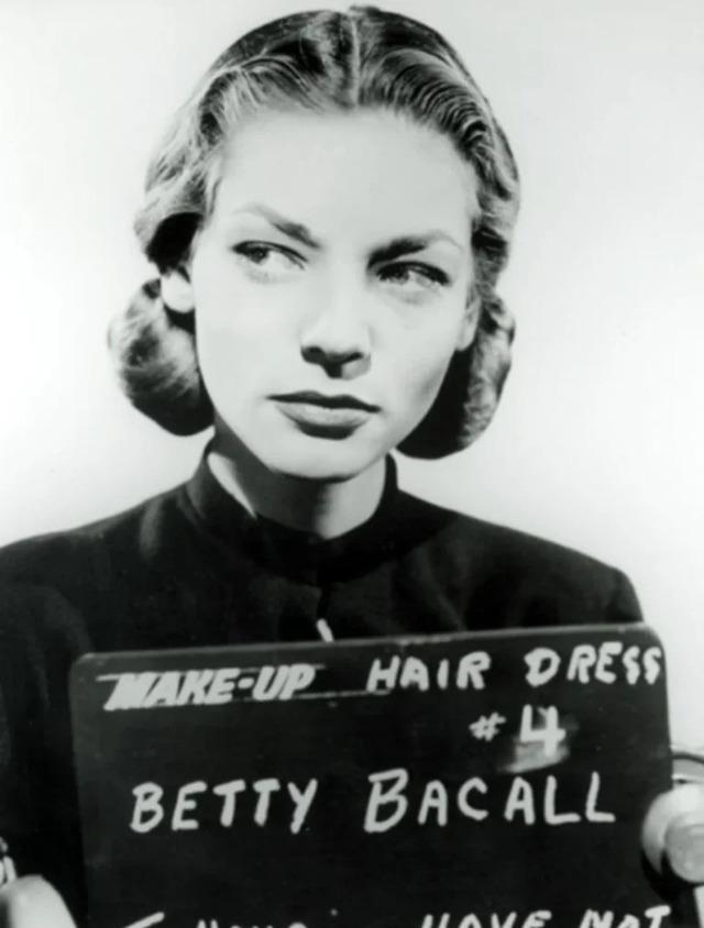 A young Betty Bacall (later Lauren Bacall) during early film production, capturing the poised intensity that would define her career.