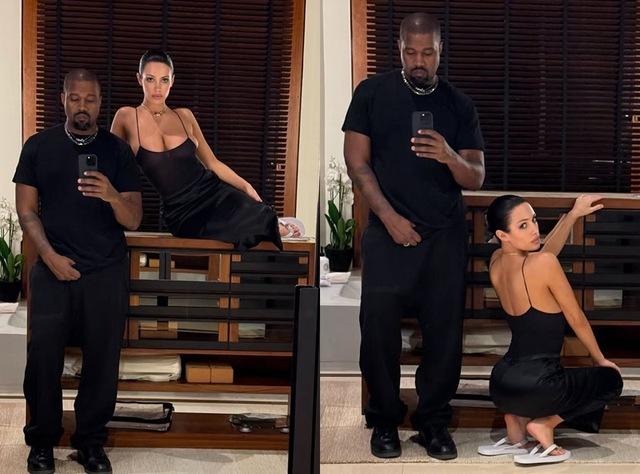 A candid yet fashion-forward moment of Kanye West and Bianca Censori captured in a series of mirror selfies.
