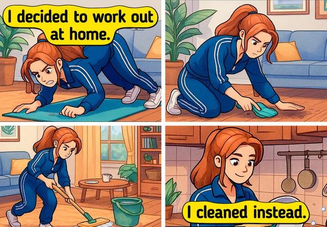 A planned home workout can easily turn into a deep-cleaning marathon the moment you notice the dusty baseboards.