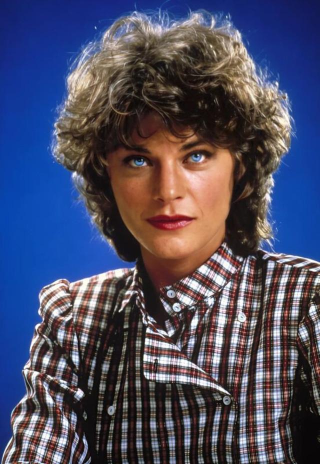 A striking promotional photo of Meg Foster, highlighting her bold style in the 1980s.