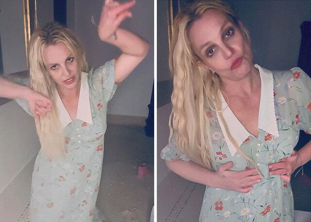 Britney dancing in a floral dress, showcasing her unpredictable social media style.