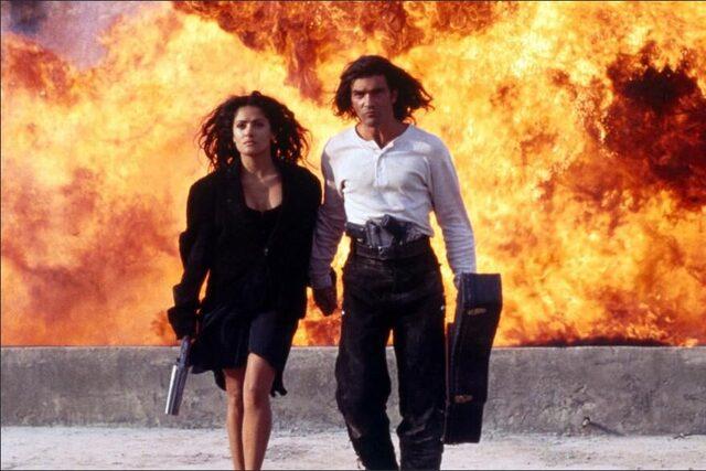 Salma Hayek alongside Antonio Banderas in the film Desperado.