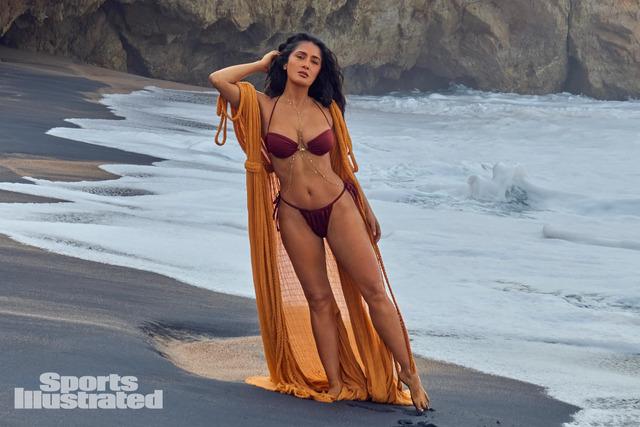 Salma Hayek stuns in her Sports Illustrated feature, proving her beauty is truly timeless.