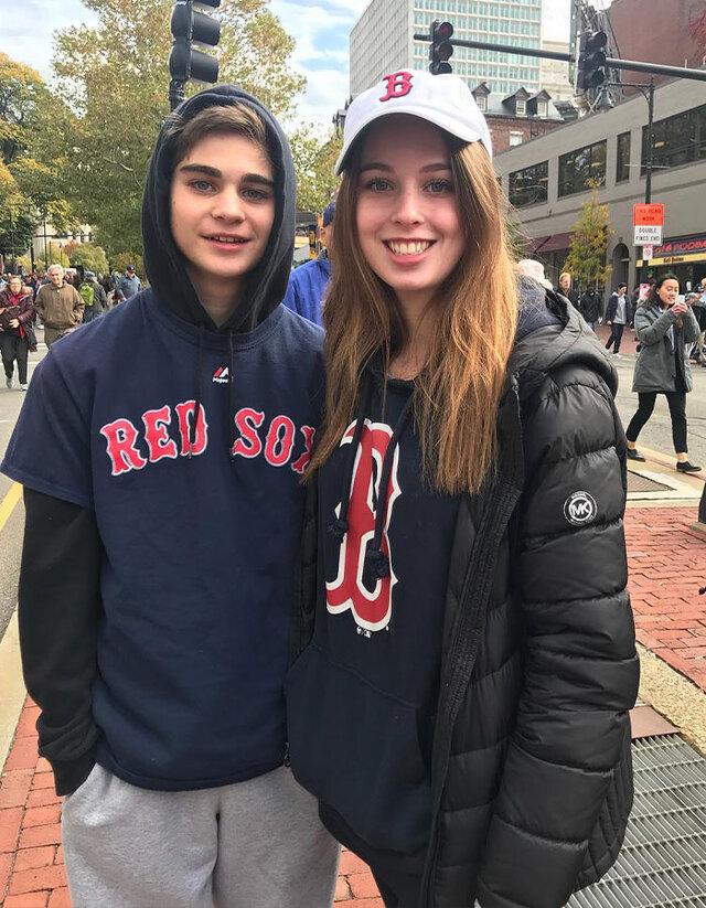Sarah Cameron pictured with her younger brother Matthew in Boston Red Sox apparel.