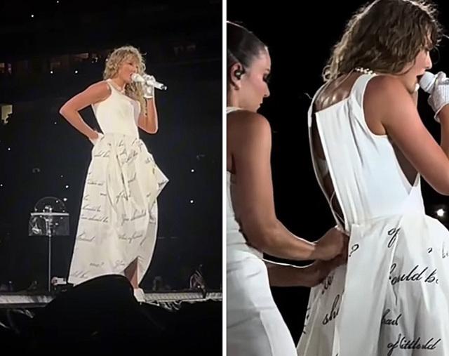 Taylor Swift had a mic pack mishap on her Eras Tour when her dress came undone, yet she carried on seamlessly with dancer assistance.